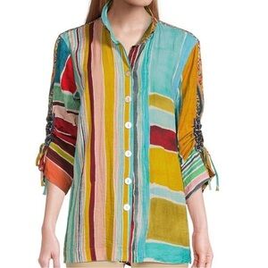 EUC John Mark Mixed Print Cinched 3/4 Sleeve Top Button Front Small